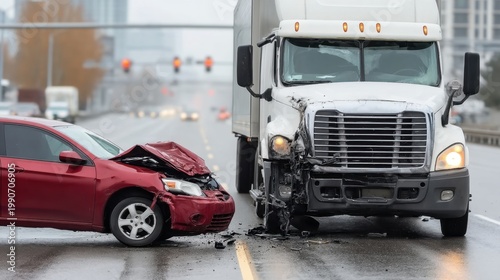 Red Car and White Truck Collision on City Street with Damaged Vehicle Showing Impact and Traffic Signals in the Background