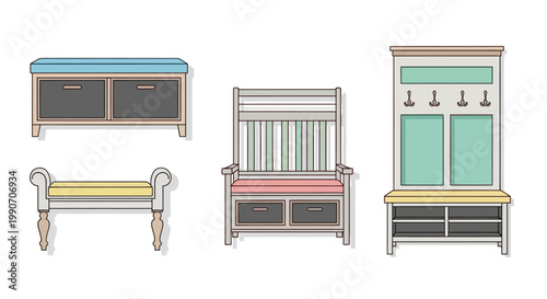 Collection of furniture with colorful designs.