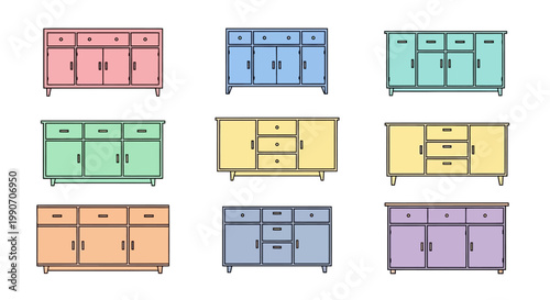 Collection of colorful wooden sideboards.