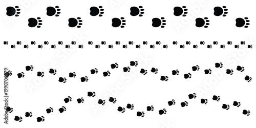 Paw print track trail border separator silhouette clipart. Vector clipart of animal tracks in a row