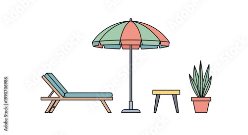 Colorful beach lounge chair umbrella plant.