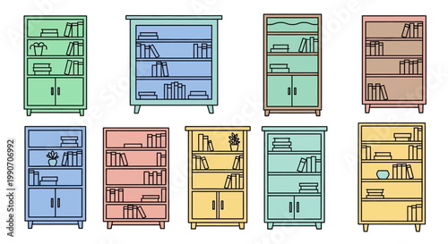 Eight colorful bookshelf illustrations side by side.