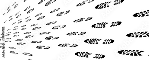 Abstract perspective view of multiple black shoe prints in a repeating pattern on a white background, creating a sense of motion and direction