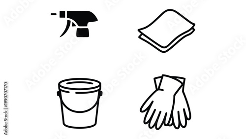 Essential Cleaning Supplies: Simple yet bold, a set of icons representing the fundamental tools of cleanliness and order. Spray bottle, cloth, bucket, and gloves are all neatly arranged.