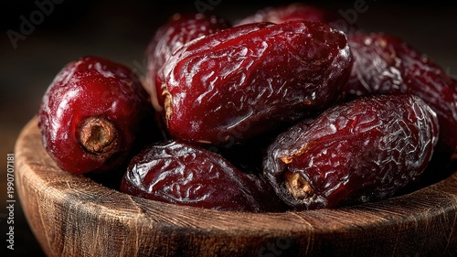 Close-up of Ripe Medjool Dates in a Wooden Bowl.
