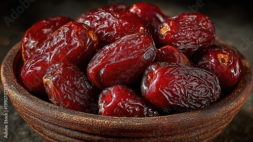 Close-up of Ripe Medjool Dates in a Rustic Bowl.