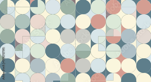 A geometric pattern of overlapping circles and squares in muted pastels