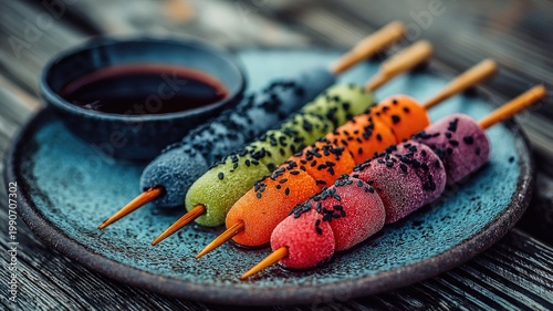 Colorful Frozen Fruit Popsicles on a Plate with Dipping Sauce.