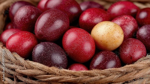 Close-up of Ripe Plums in a Woven Basket.