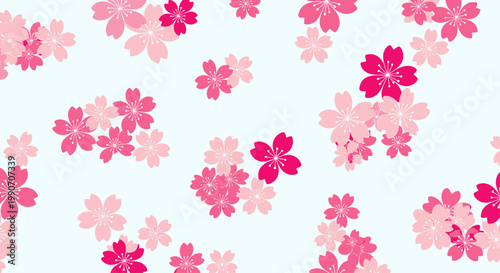 Scatter of delicate pink and magenta cherry blossoms on a pale blue background