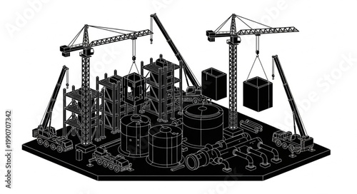 Construction site with tower cranes and scaffolding structures.