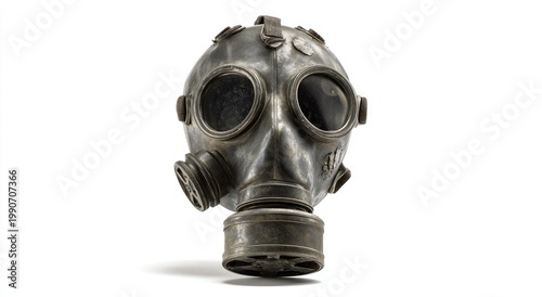 Vintage metallic gas mask, weathered, double eye lenses, central filter