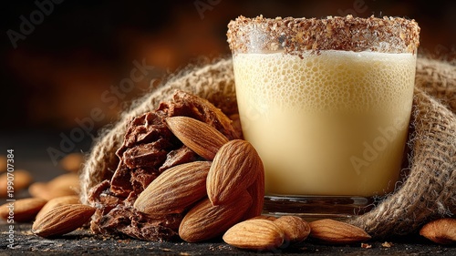 Creamy Almond Milk Drink with Whole Almonds and Burlap.