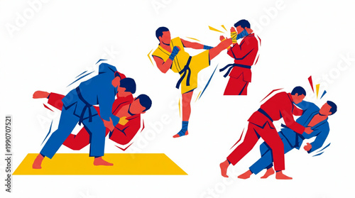 Martial Arts Fighters Practicing Combat Techniques