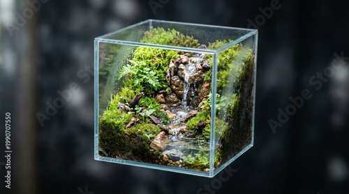 Miniature Ecosystem with Waterfall Inside a Floating Glass Cube
