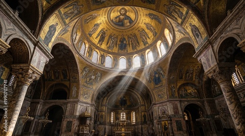 Interior View of St Marks Basilica with Golden Mosaics and Sunbeams
