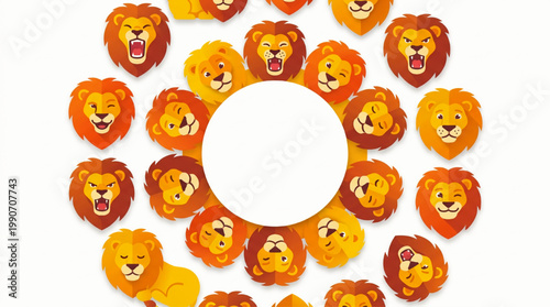 Lion head illustrations in a circular frame pattern