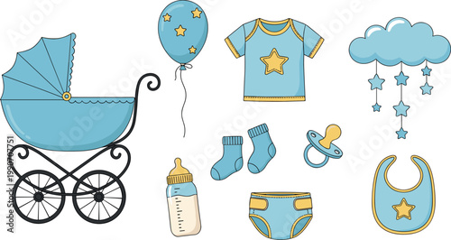 Large collection of blue baby boy icons including stroller t-shirt bib pacifier bottle and balloon isolated on white background vector illustration