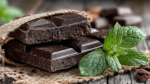 Dark Chocolate Bar with Fresh Mint Leaves on Rustic Wooden Surface.