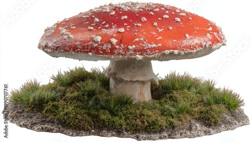 Vibrant red mushroom with white spots, on mossy ground