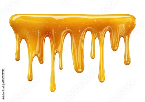 Thick, golden, viscous liquid drips in fluid streams from a glossy surface
