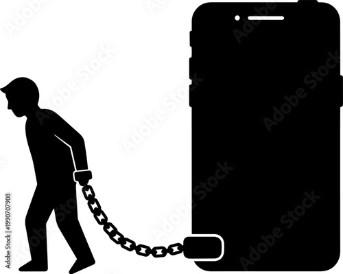 Silhouette of a man shackled to a large smartphone