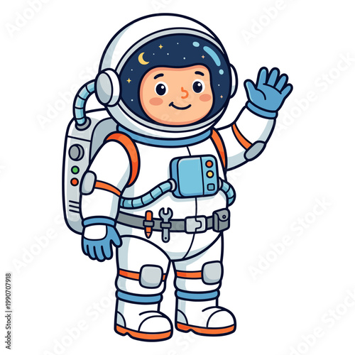 A cheerful astronaut waving hello, ready for a space adventure.