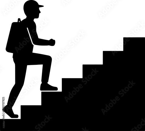 Silhouette of a student with a backpack climbing up the stairs
