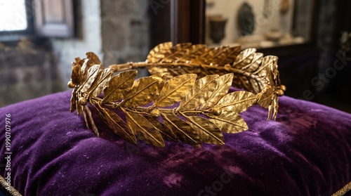 Ancient Roman Style Golden Laurel Wreath on Purple Velvet Cushion