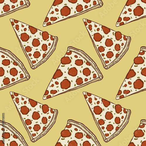 Pizza slice print pattern seamless for printing, food wrapping, decorate wrapping paper, bookmark, book cover and more.