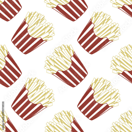 French Fries potato fast food in red package box print pattern seamless or food wrapping, decorate wrapping paper and more.