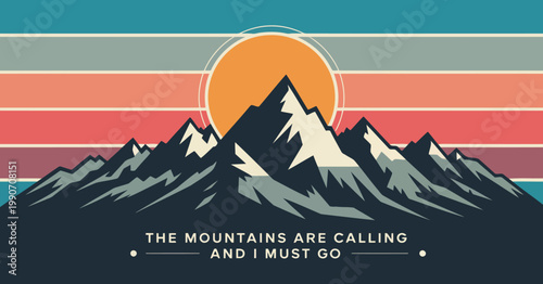 Graphic illustration of majestic mountain peaks beneath a rising sun against a colorful striped sky