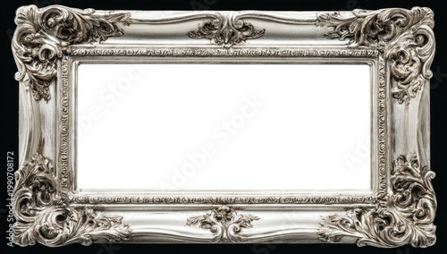 Ornate silver ornate rectangle picture frame with intricate scrolls