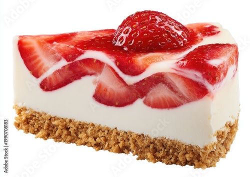 Slice of creamy cheesecake topped with fresh strawberries and strawberry glaze