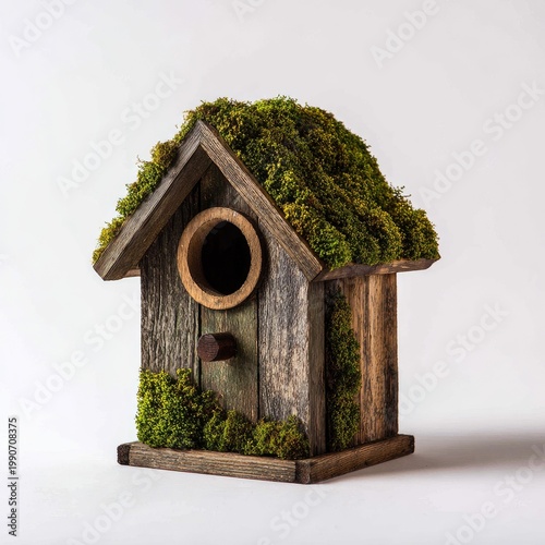 Weathered wooden birdhouse with moss-covered roof and trim, against white background