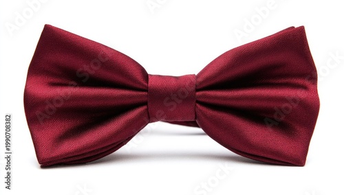 A rich, satin, deep red bow tie is presented against a crisp white background