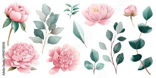 Watercolor floral arrangement featuring pink peonies and various green leaves on white background