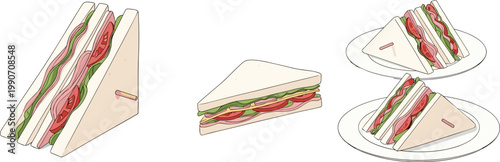 Cartoon Vector Illustration of Triangular Sandwiches with Lettuce, Tomato, Cheese, and Meat Served on Plates for Culinary Designs