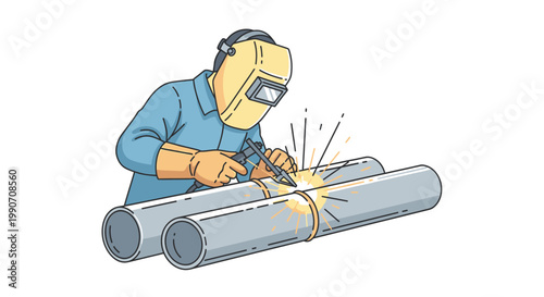 Man welding metal pipes industrially.