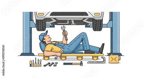 Mechanic lying under car repair.