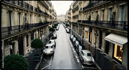 Cinematic View of Wet Parisian Street with Classic Cars and Elegant Haussmann Buildings