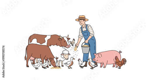 Farmer with cow chickens and pig.