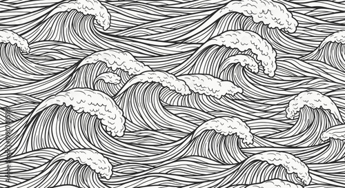 Dynamic black and white line art depicts a multitude of crashing ocean waves