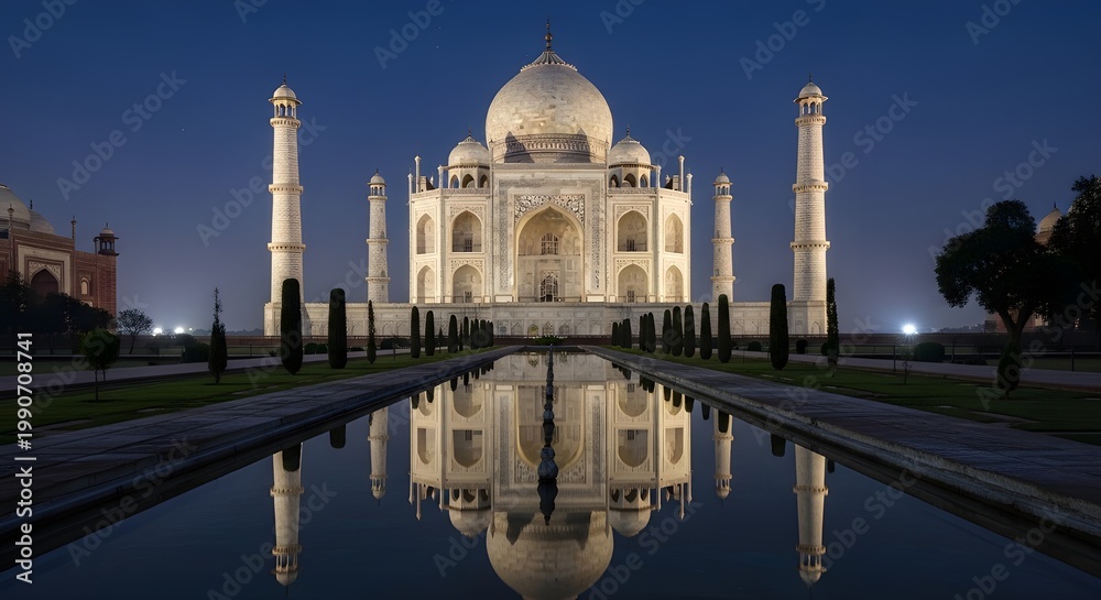 Naklejka premium Taj Mahal at Sunrise with Reflection in Water Channel