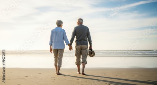 Elderly couple holding hands walking on beach during sunset with together relaxation retirement