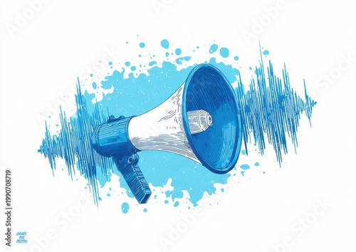 A blue and white megaphone emits sound waves on a white background