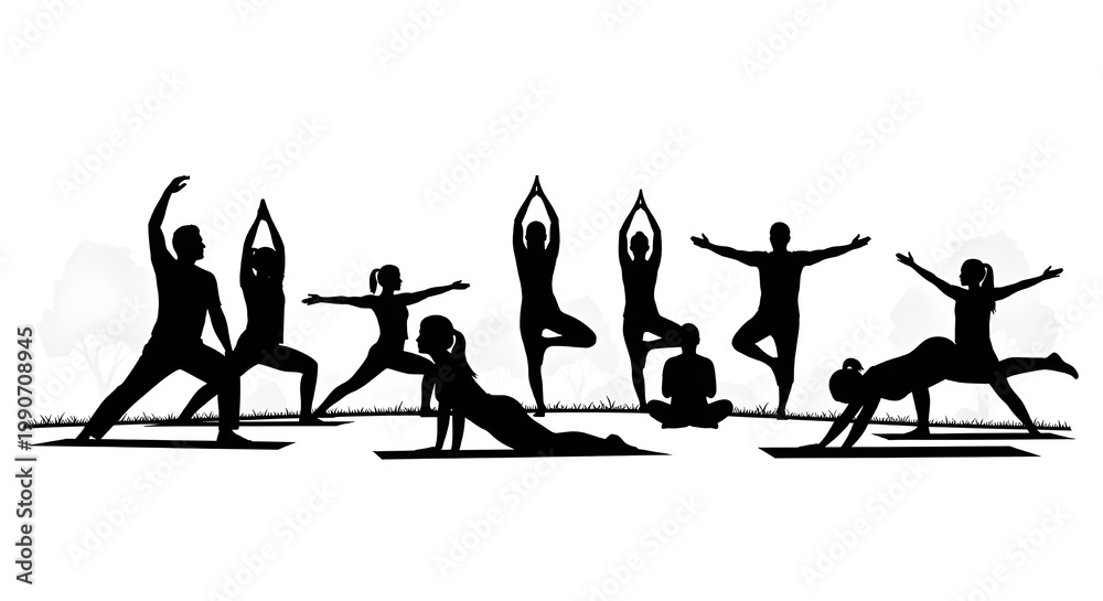 Obraz premium Silhouettes of People Practicing Diverse Yoga Poses Outdoors