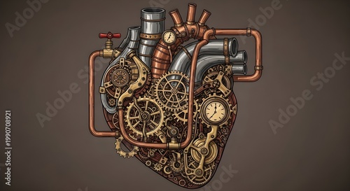 Intricate Steampunk Mechanical Heart with Gears and Copper Pipes