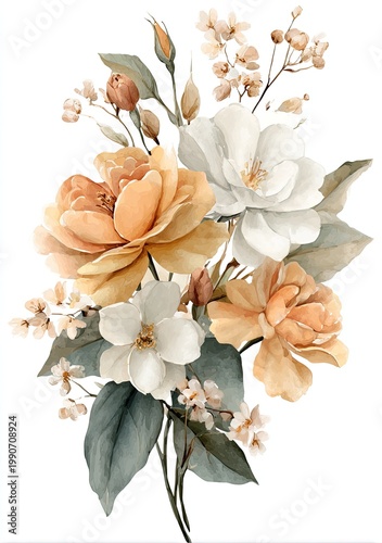 Watercolor depiction of a bouquet of floral arrangements with yellow, white, and green hues