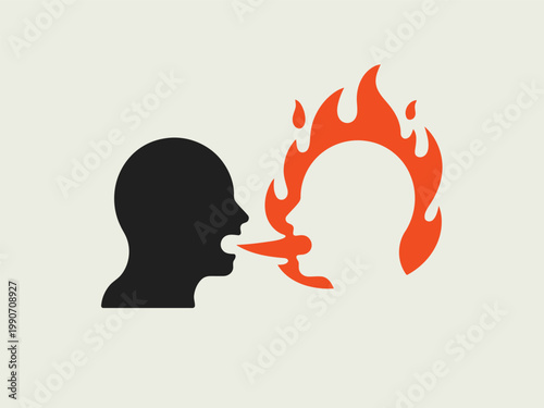 Heads facing each other with one shouting loudly and the other consumed by hot orange flames